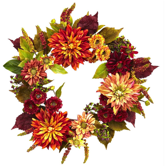 Nearly Natural 22” Dahlia & Mum Wreath Realistic Fall Artificial Decor - Picture 2 of 5